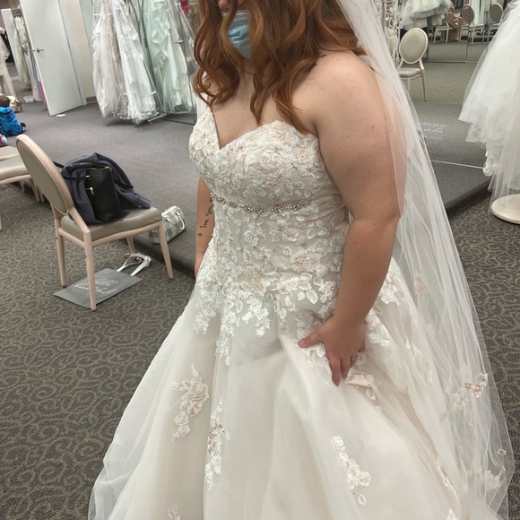 David’s Bridal wedding dress; complete with veil and rose gold belt - Picture 6 of 12